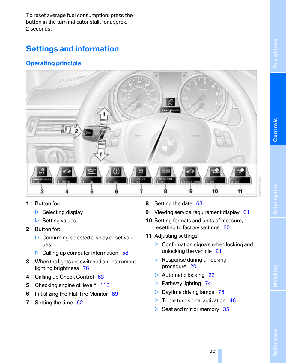 Settings and information | BMW 325xi Sports Wagon 2006 User Manual | Page 61 / 160