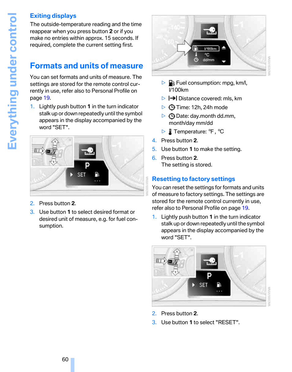 Formats and units of measure, Everything under control | BMW 325xi Sports Wagon 2006 User Manual | Page 62 / 160