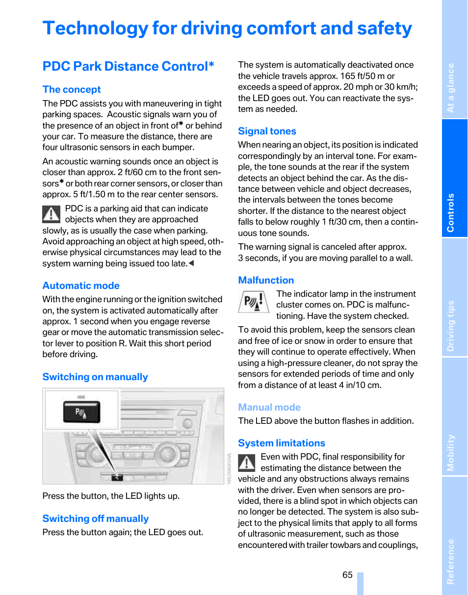 Technology for driving comfort and safety, Pdc park distance control | BMW 325xi Sports Wagon 2006 User Manual | Page 67 / 160