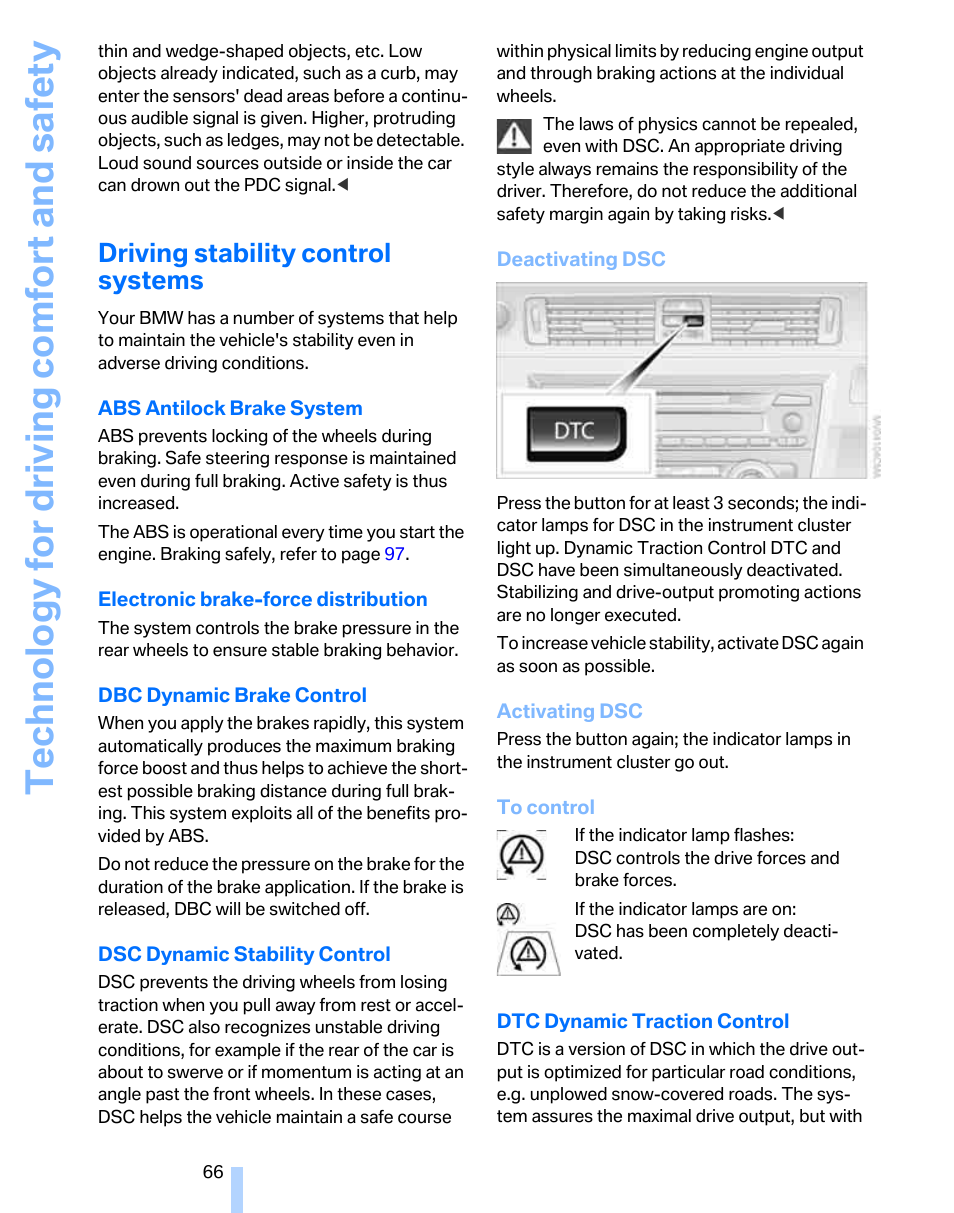 Driving stability control systems, Control, Technology for driving comfort and safety | BMW 325xi Sports Wagon 2006 User Manual | Page 68 / 160