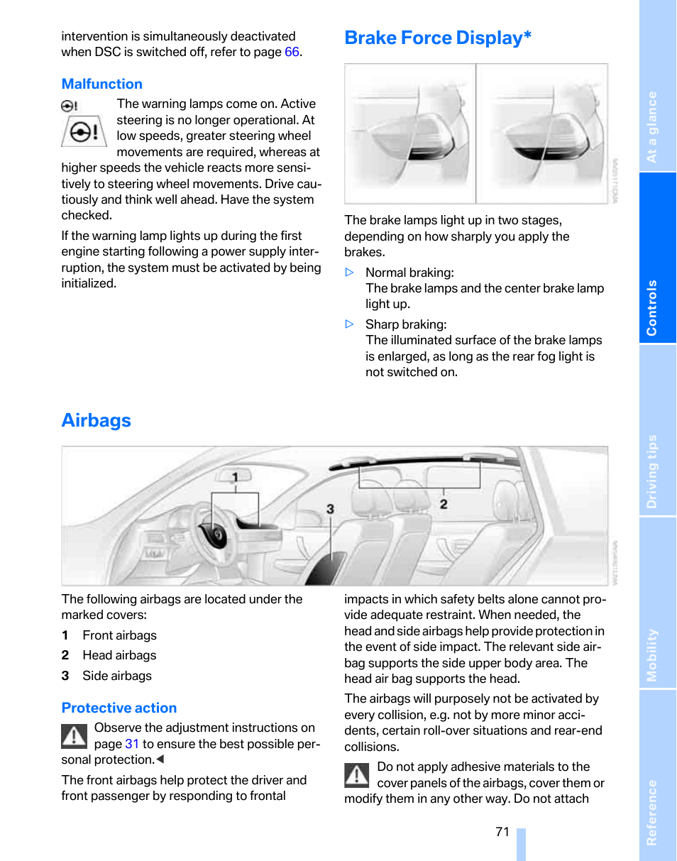 Brake force display, Airbags | BMW 325xi Sports Wagon 2006 User Manual | Page 73 / 160