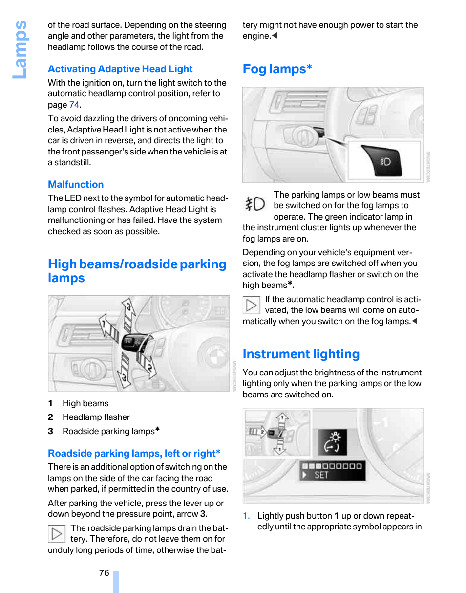 High beams/roadside parking lamps, Fog lamps, Instrument lighting | Nt lighting, Ightness, La mps | BMW 325xi Sports Wagon 2006 User Manual | Page 78 / 160