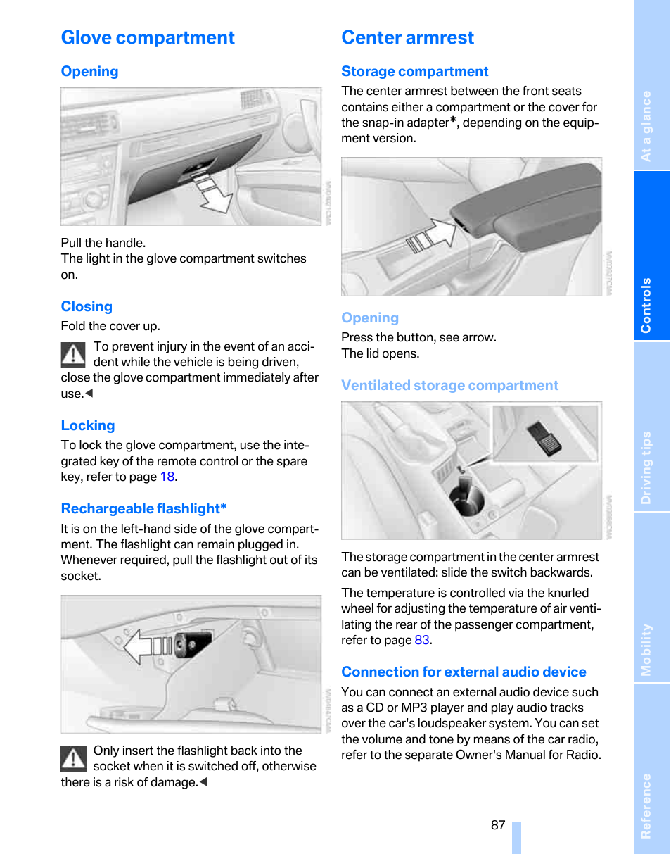 Glove compartment, Center armrest | BMW 325xi Sports Wagon 2006 User Manual | Page 89 / 160