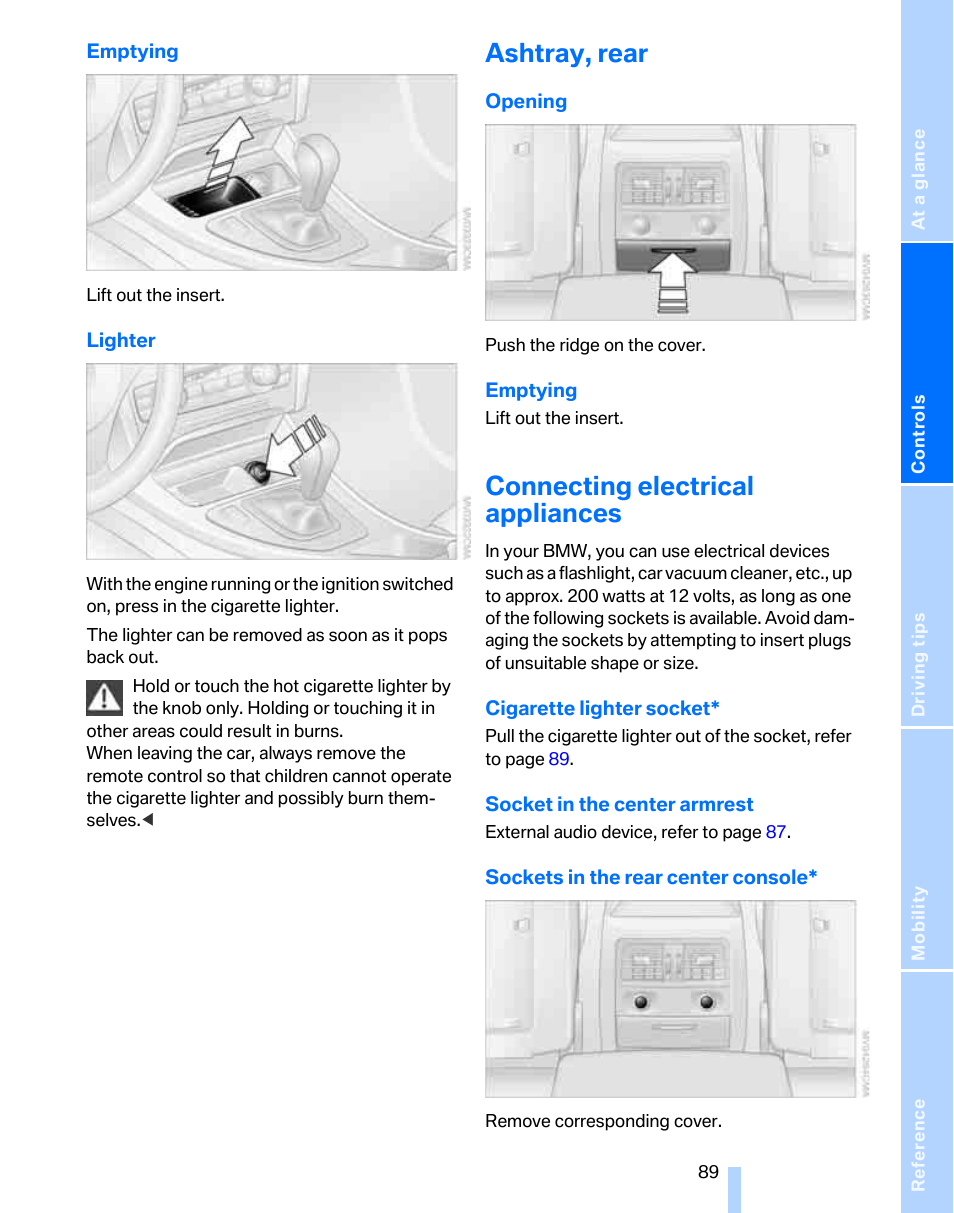 Ashtray, rear, Connecting electrical appliances | BMW 325xi Sports Wagon 2006 User Manual | Page 91 / 160