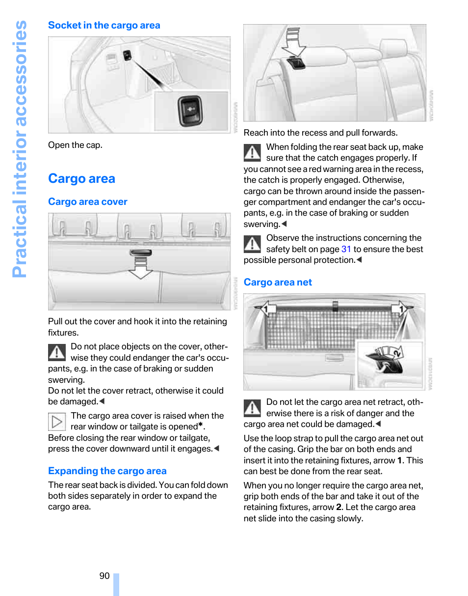 Cargo area, Practical interior accessories | BMW 325xi Sports Wagon 2006 User Manual | Page 92 / 160