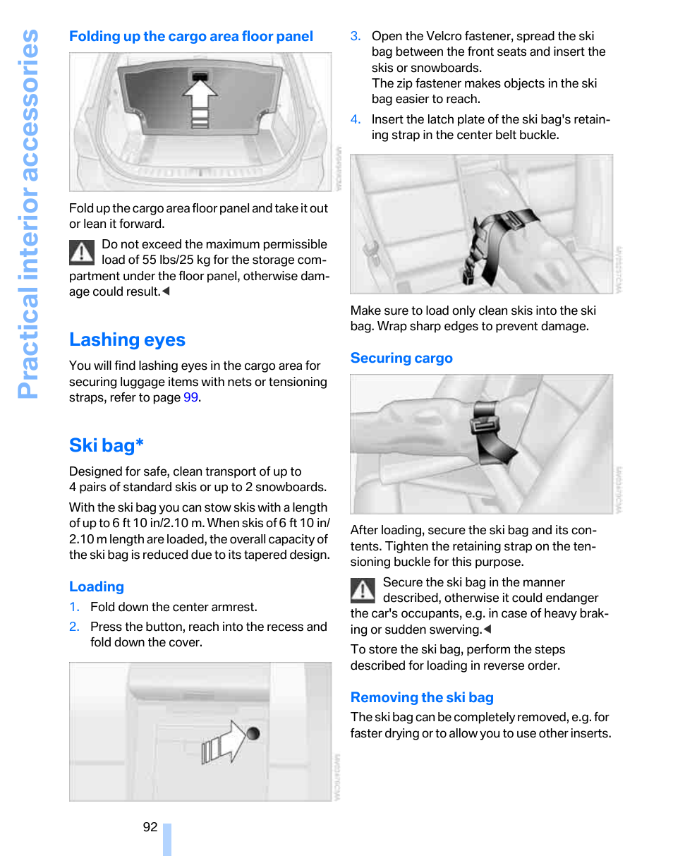 Lashing eyes, Ski bag, Practical interior accessories | BMW 325xi Sports Wagon 2006 User Manual | Page 94 / 160