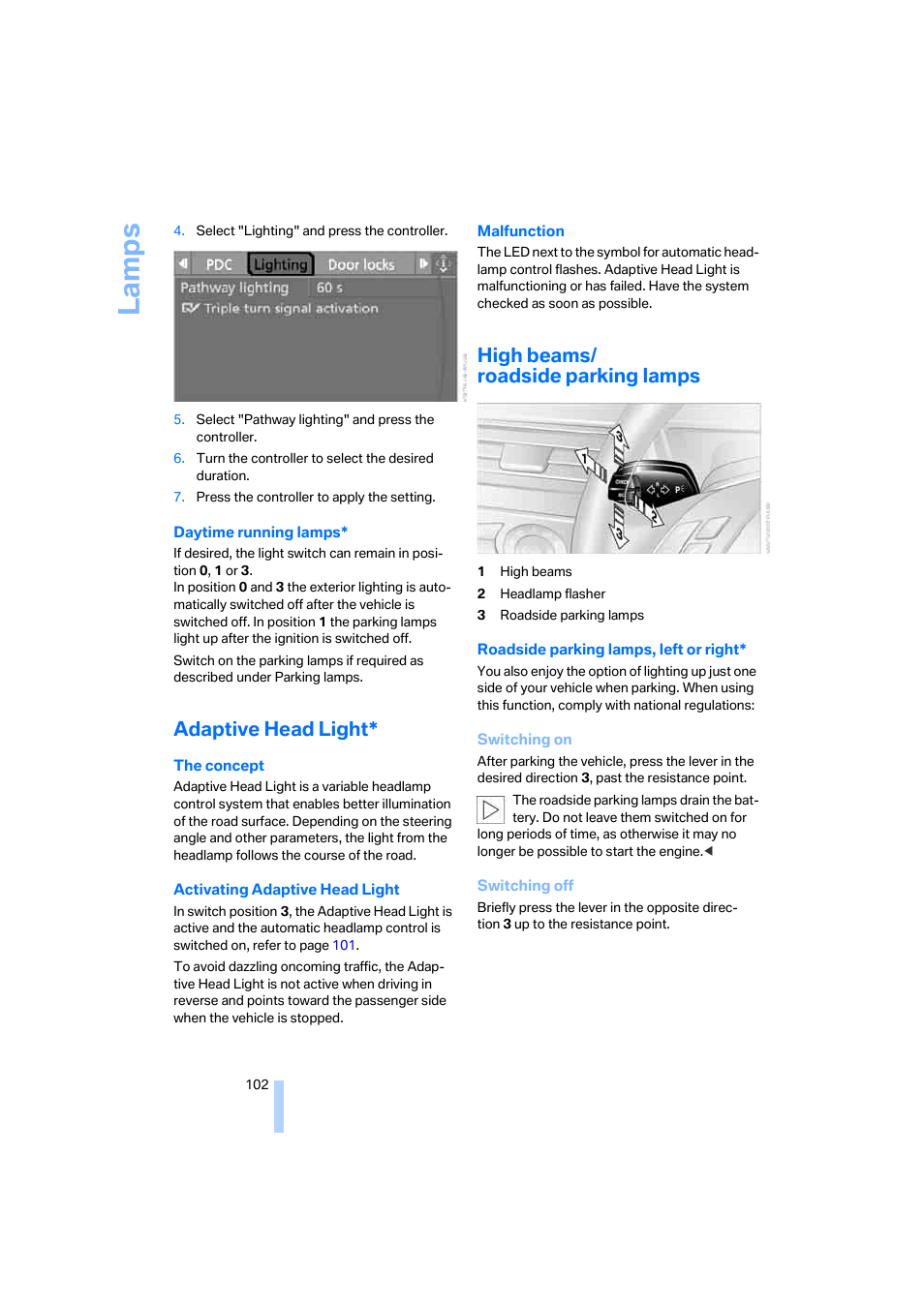 Adaptive head light, High beams/ roadside parking lamps, La mp s | BMW 525xi Sedan 2006 User Manual | Page 104 / 259