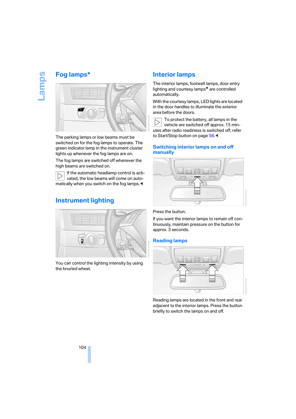 Fog lamps, Instrument lighting, Interior lamps | La mp s | BMW 525xi Sedan 2006 User Manual | Page 106 / 259