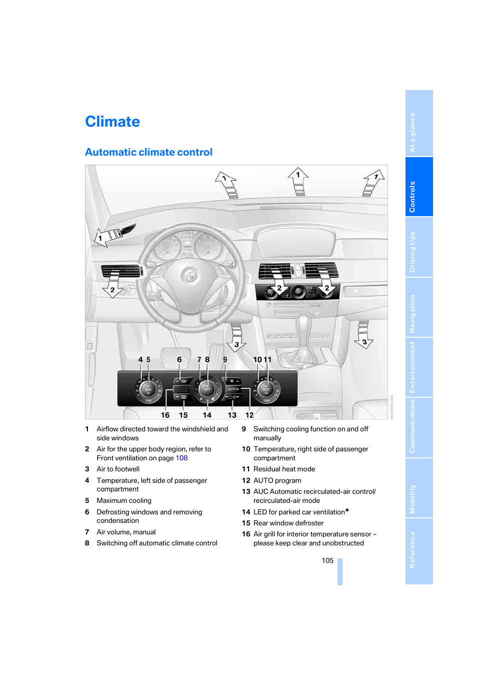 Climate, Automatic climate control | BMW 525xi Sedan 2006 User Manual | Page 107 / 259