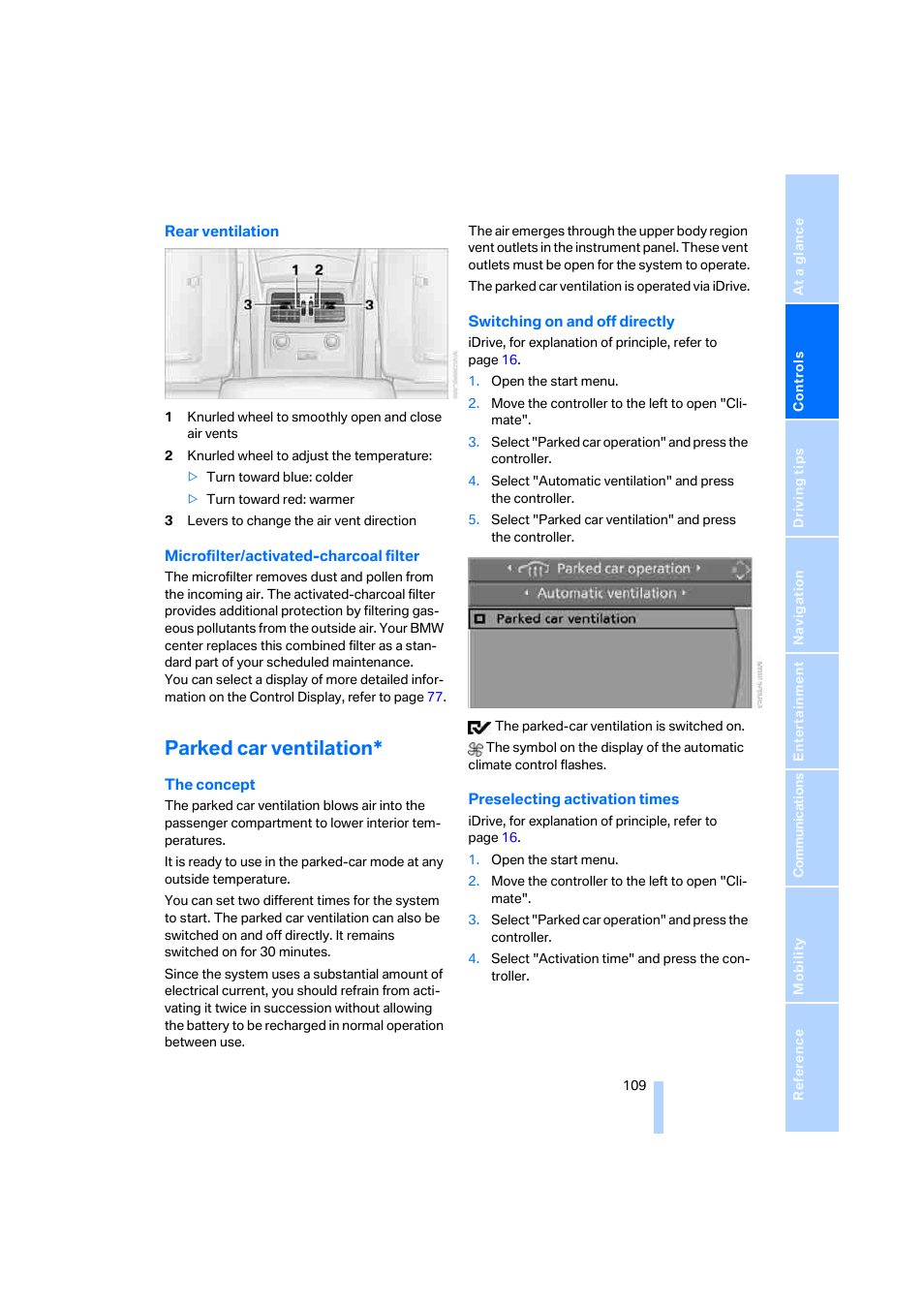 Parked car ventilation | BMW 525xi Sedan 2006 User Manual | Page 111 / 259