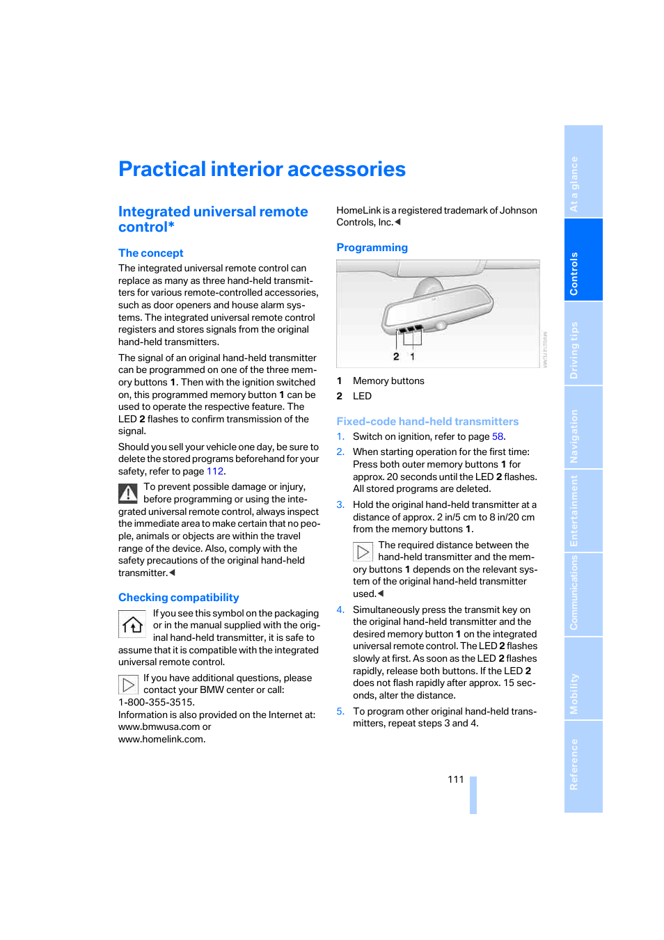 Practical interior accessories, Integrated universal remote control | BMW 525xi Sedan 2006 User Manual | Page 113 / 259