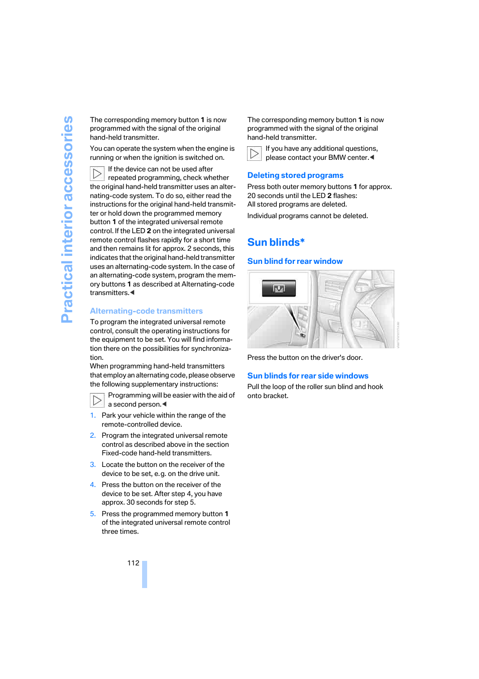 Sun blinds, Practical interi or acc ess orie s | BMW 525xi Sedan 2006 User Manual | Page 114 / 259