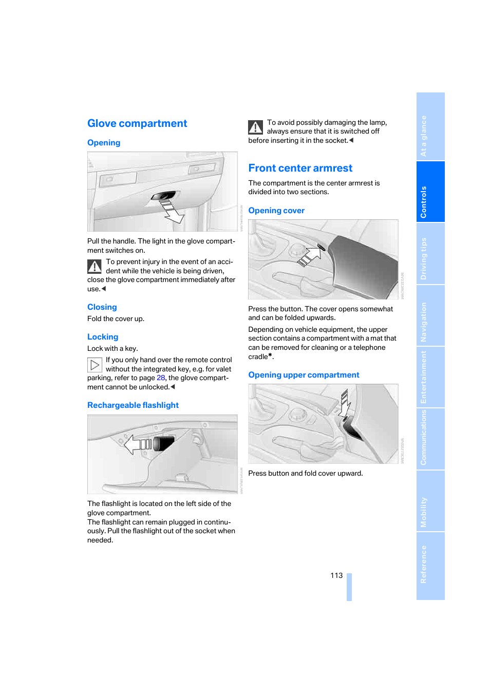 Glove compartment, Front center armrest | BMW 525xi Sedan 2006 User Manual | Page 115 / 259