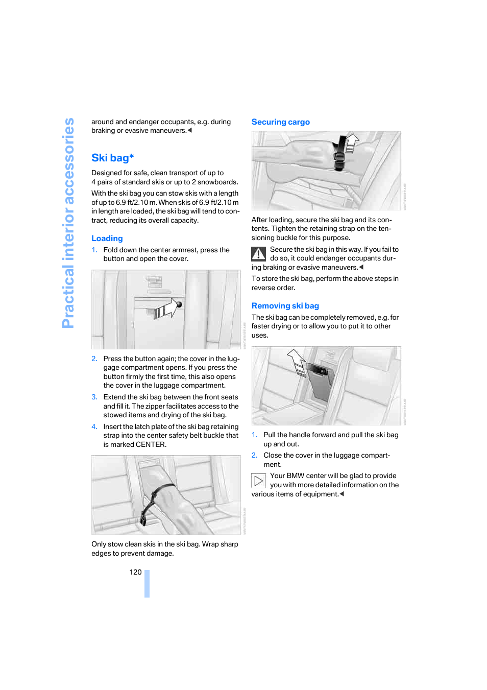 Ski bag, Practical interi or acc ess orie s | BMW 525xi Sedan 2006 User Manual | Page 122 / 259