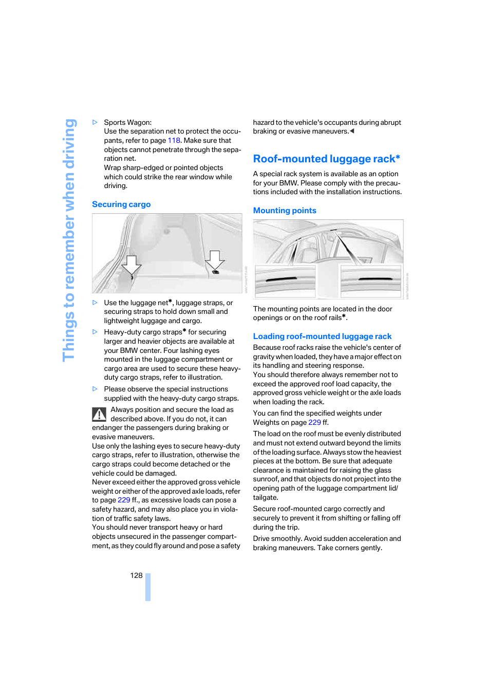 Roof-mounted luggage rack, Things to re memb er when driving | BMW 525xi Sedan 2006 User Manual | Page 130 / 259