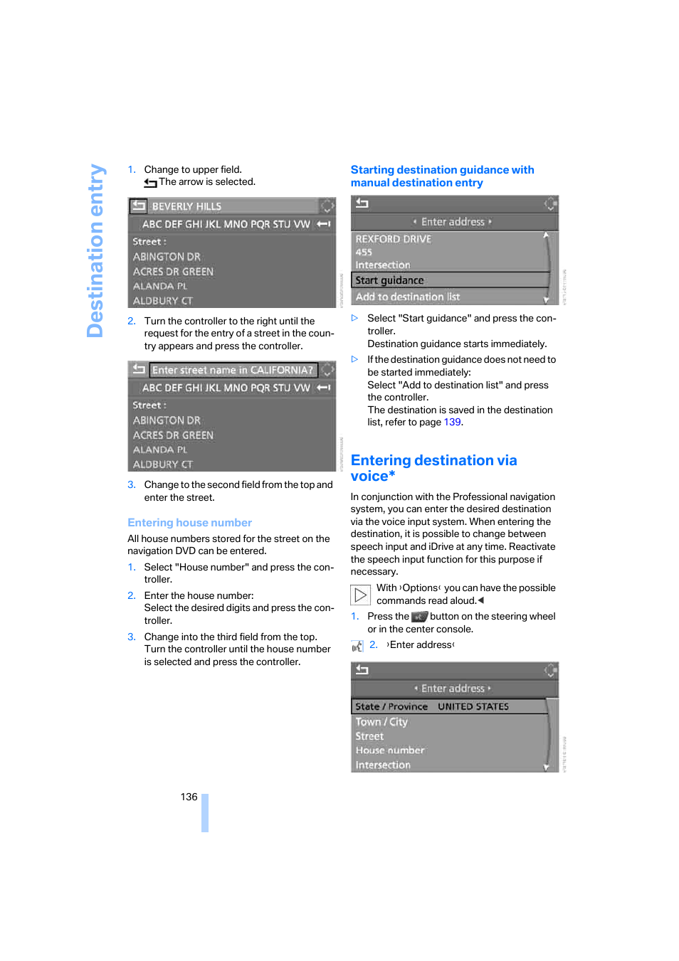 Entering destination via voice, Destination entry | BMW 525xi Sedan 2006 User Manual | Page 138 / 259