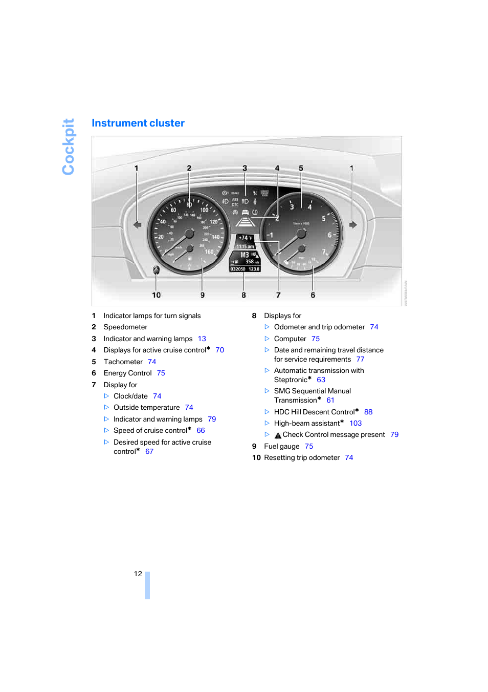 Instrument cluster, Cockpit | BMW 525xi Sedan 2006 User Manual | Page 14 / 259