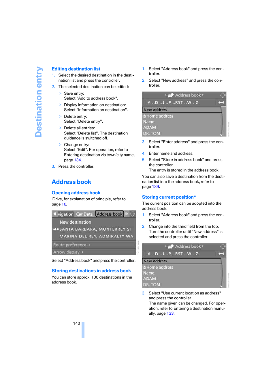 Address book, Destination entry | BMW 525xi Sedan 2006 User Manual | Page 142 / 259