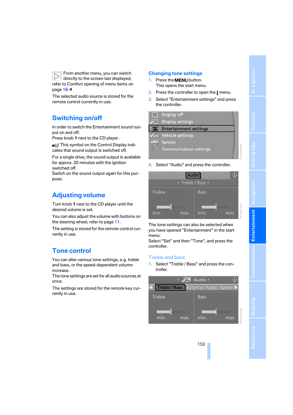 Switching on/off, Adjusting volume, Tone control | BMW 525xi Sedan 2006 User Manual | Page 155 / 259