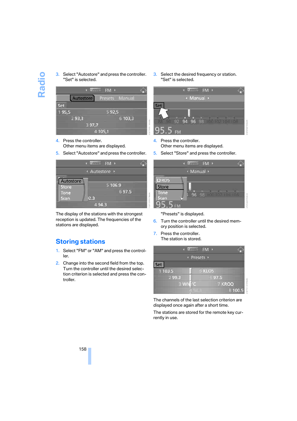 Storing stations, Ra di o | BMW 525xi Sedan 2006 User Manual | Page 160 / 259