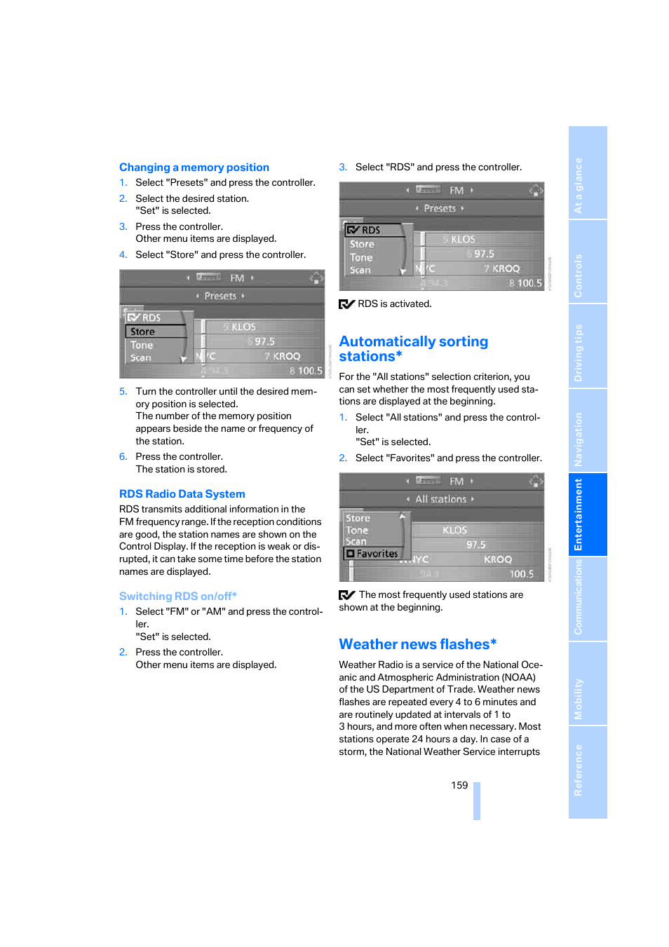 Automatically sorting stations, Weather news flashes | BMW 525xi Sedan 2006 User Manual | Page 161 / 259