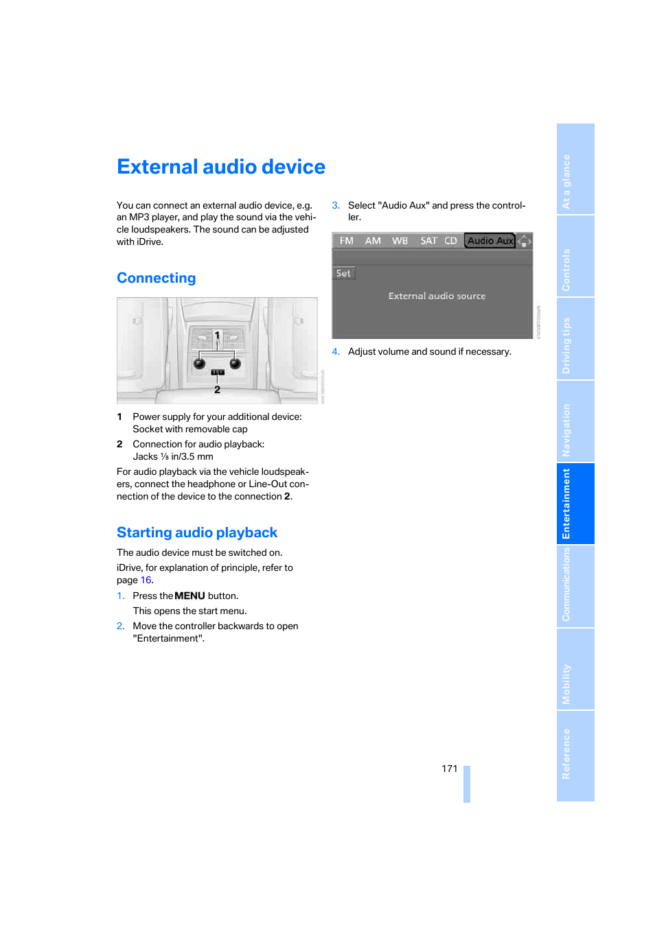 External audio device, Connecting, Starting audio playback | BMW 525xi Sedan 2006 User Manual | Page 173 / 259