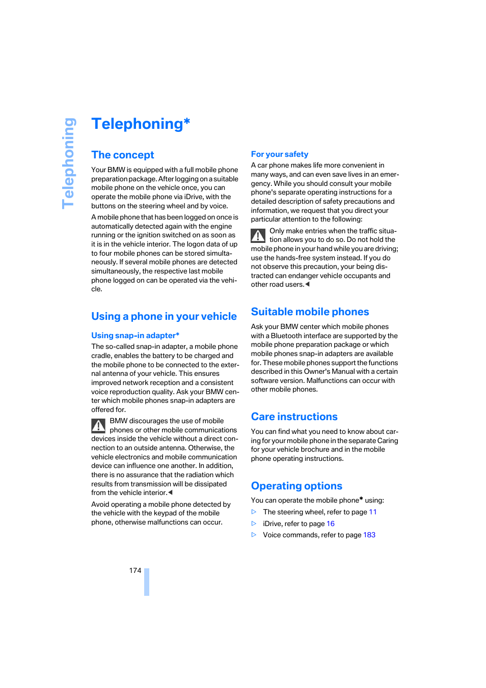 Telephoning, The concept, Using a phone in your vehicle | Suitable mobile phones, Care instructions, Operating options, Telep h oning | BMW 525xi Sedan 2006 User Manual | Page 176 / 259