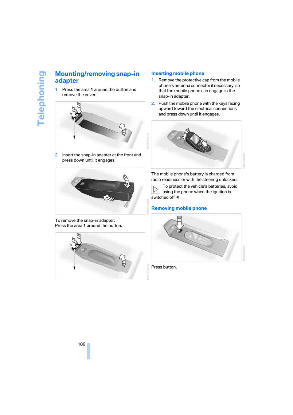 Mounting/removing snap-in adapter, Telep h oning | BMW 525xi Sedan 2006 User Manual | Page 188 / 259