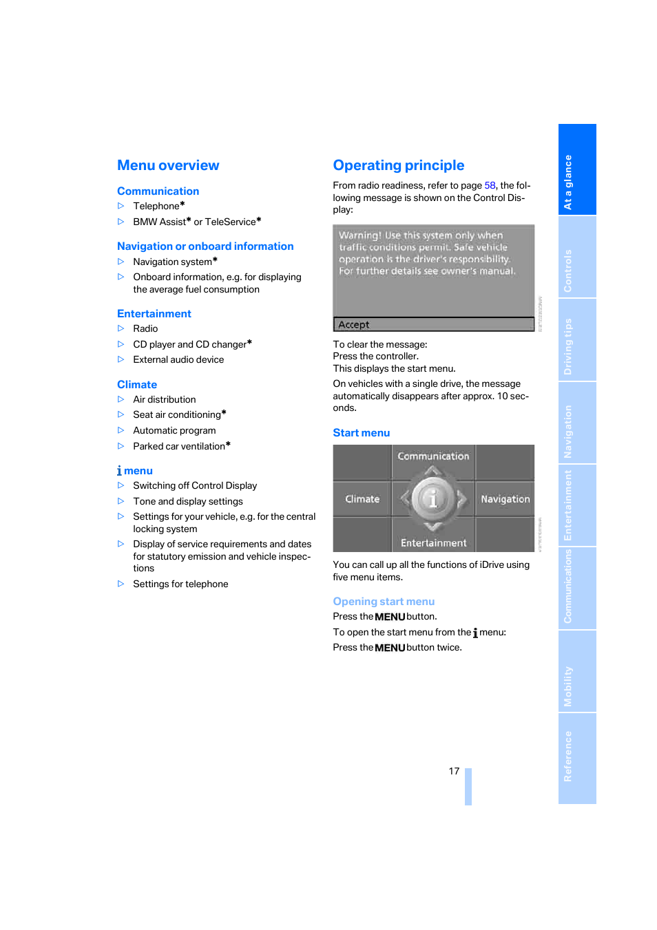 Menu overview, Operating principle | BMW 525xi Sedan 2006 User Manual | Page 19 / 259