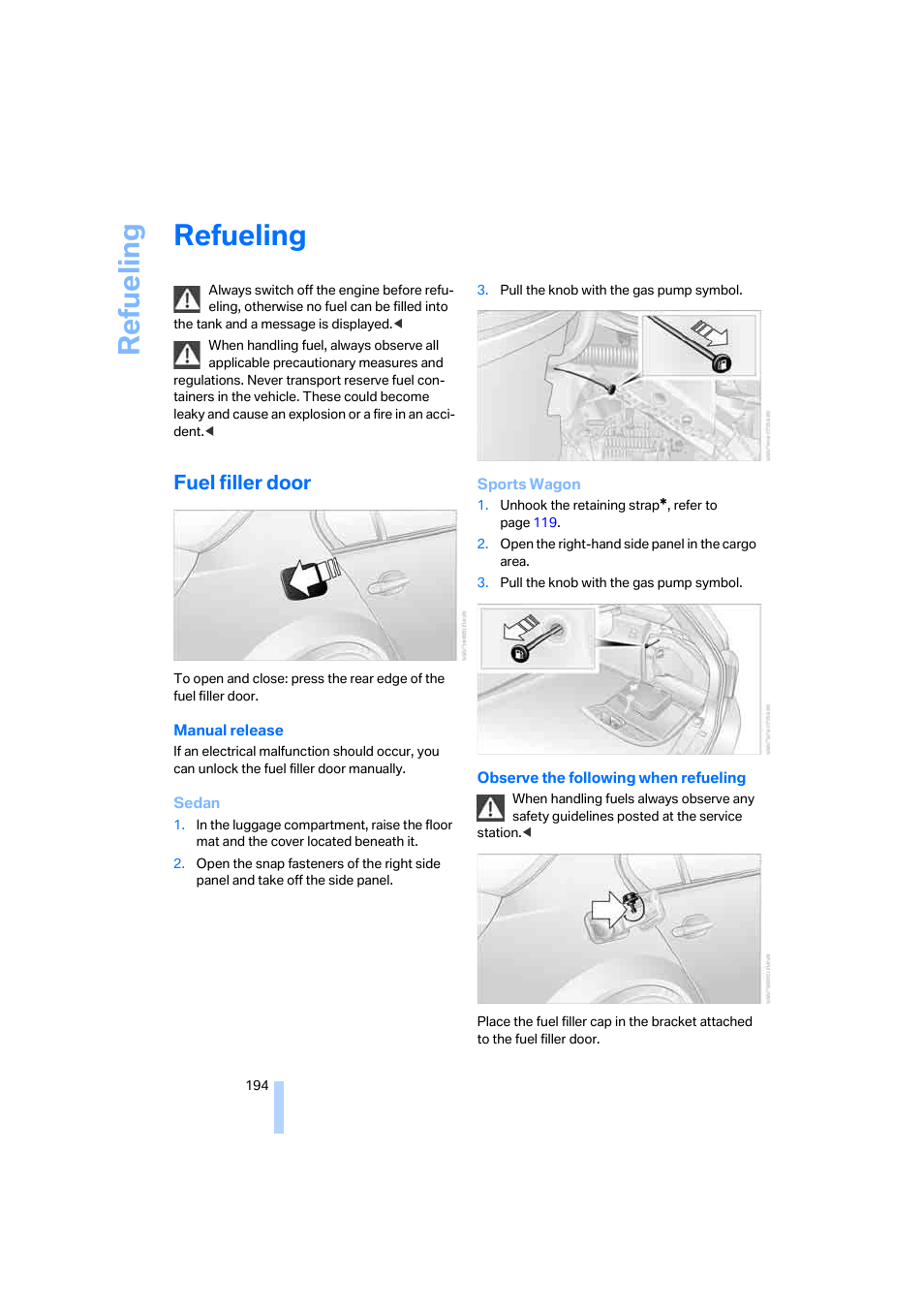 Refueling, Fuel filler door, Lity | Re fueling | BMW 525xi Sedan 2006 User Manual | Page 196 / 259