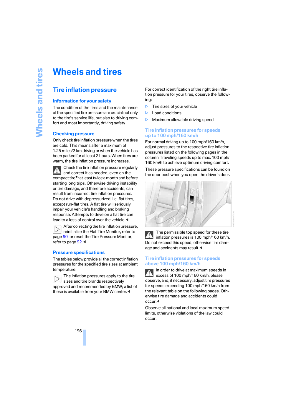 Wheels and tires, Tire inflation pressure, Wh eels and tire s | BMW 525xi Sedan 2006 User Manual | Page 198 / 259