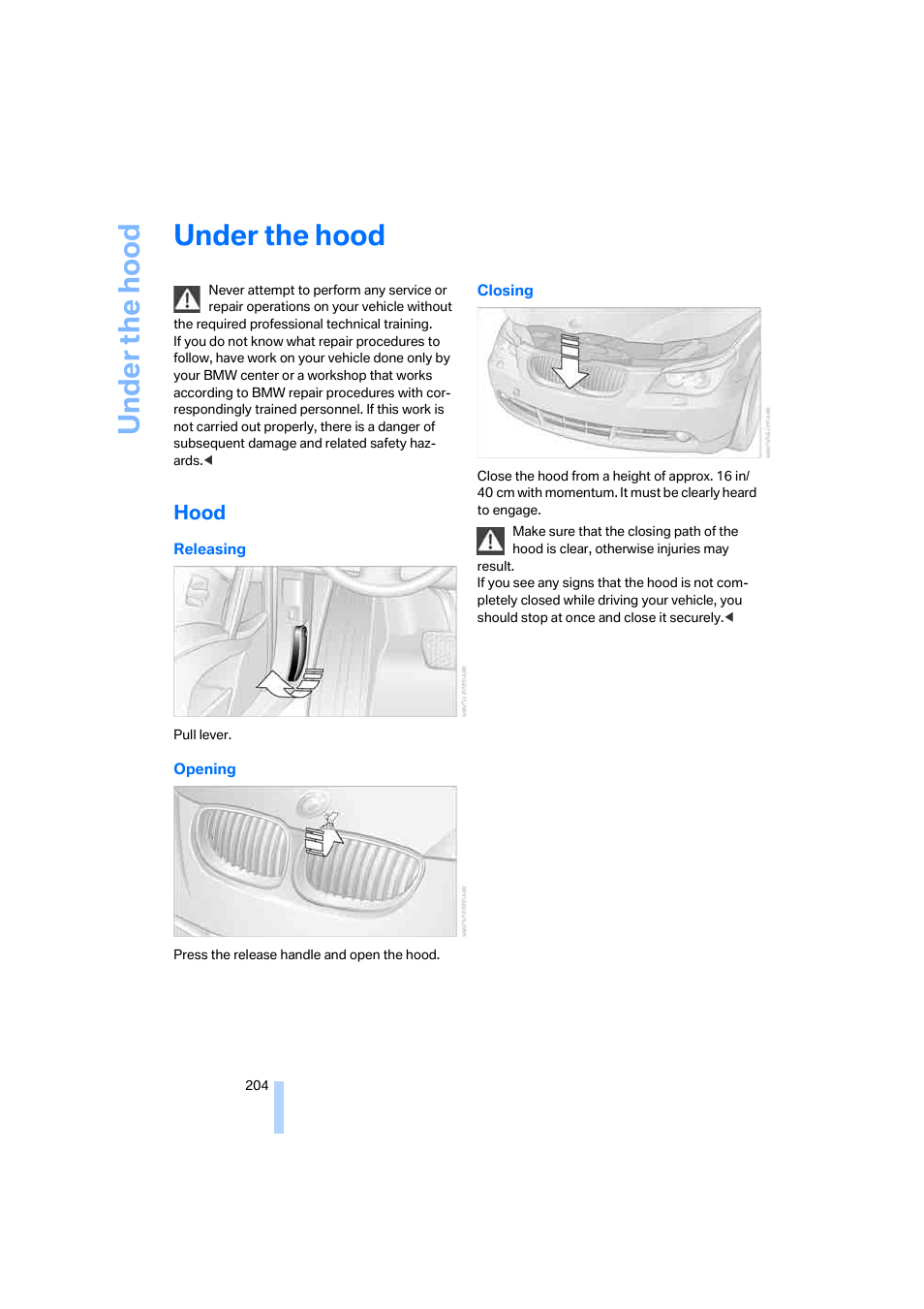 Under the hood, Hood | BMW 525xi Sedan 2006 User Manual | Page 206 / 259