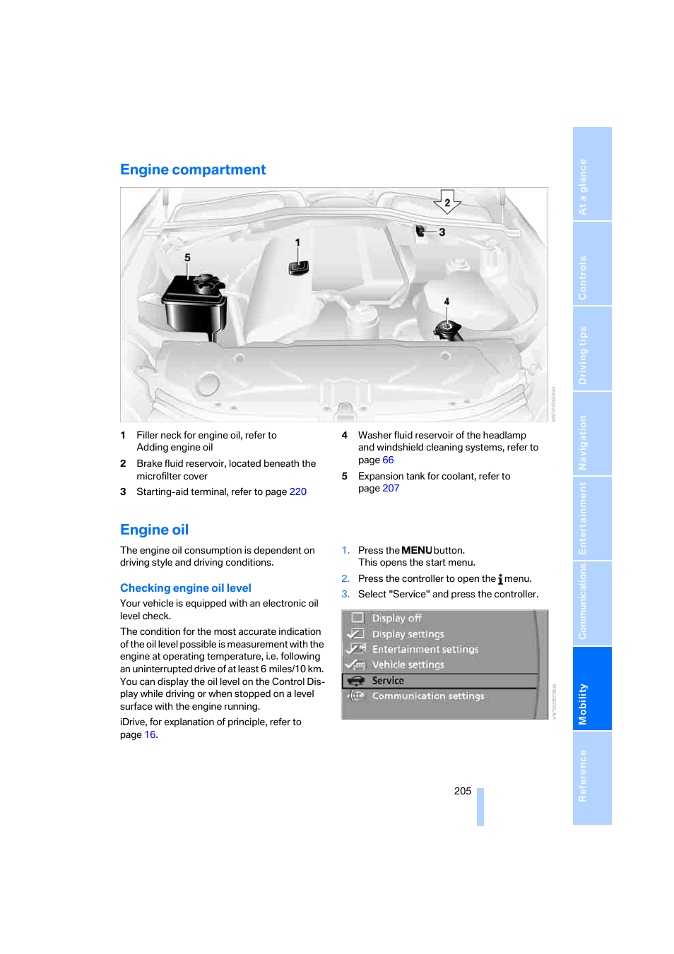 Engine compartment, Engine oil | BMW 525xi Sedan 2006 User Manual | Page 207 / 259