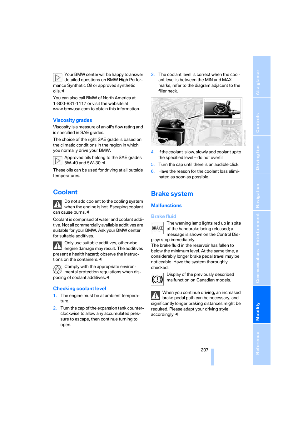 Coolant, Brake system | BMW 525xi Sedan 2006 User Manual | Page 209 / 259