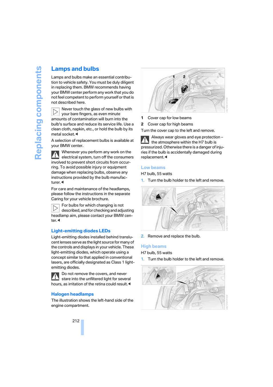 Lamps and bulbs, Replacing components | BMW 525xi Sedan 2006 User Manual | Page 214 / 259