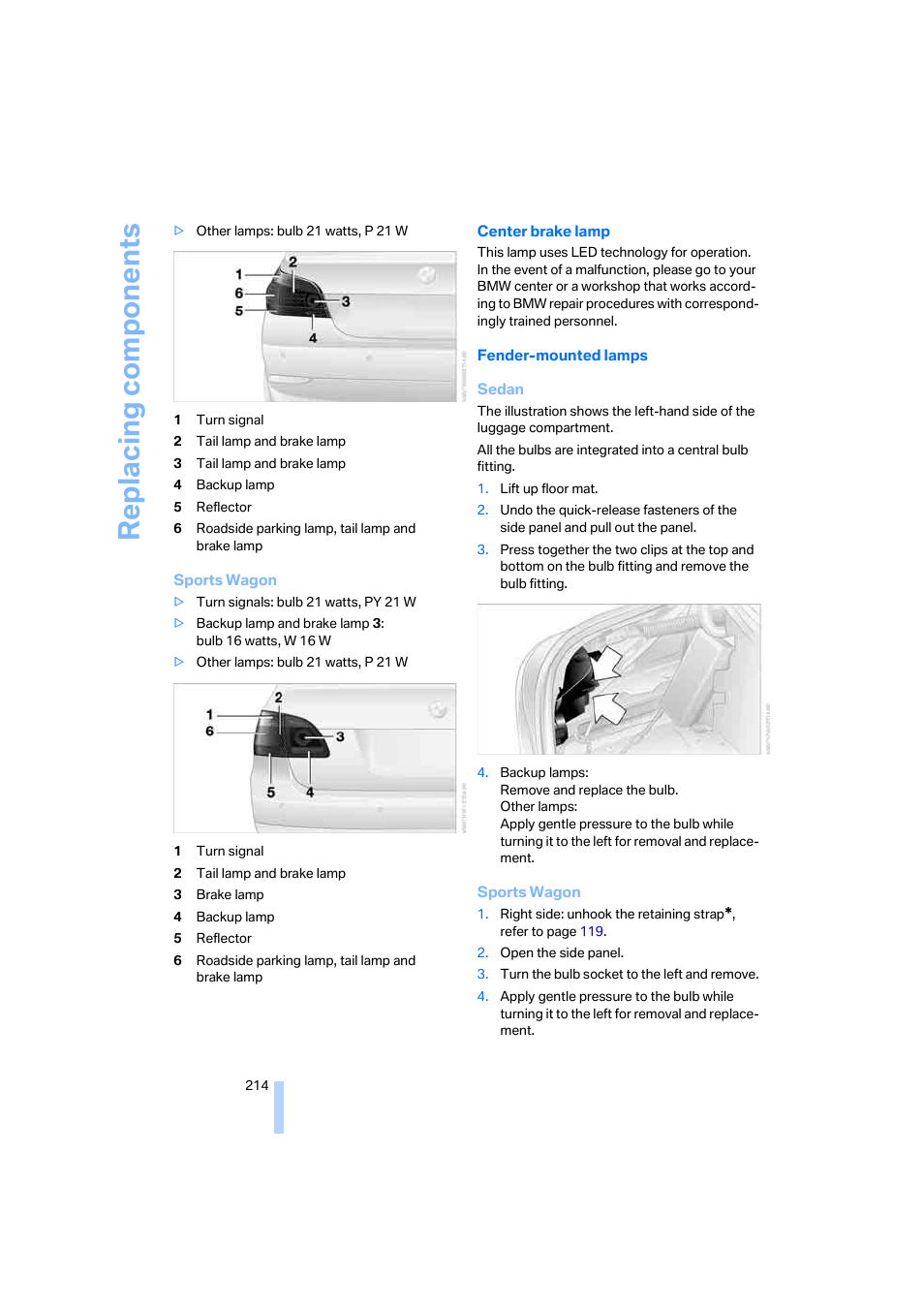 Replacing components | BMW 525xi Sedan 2006 User Manual | Page 216 / 259