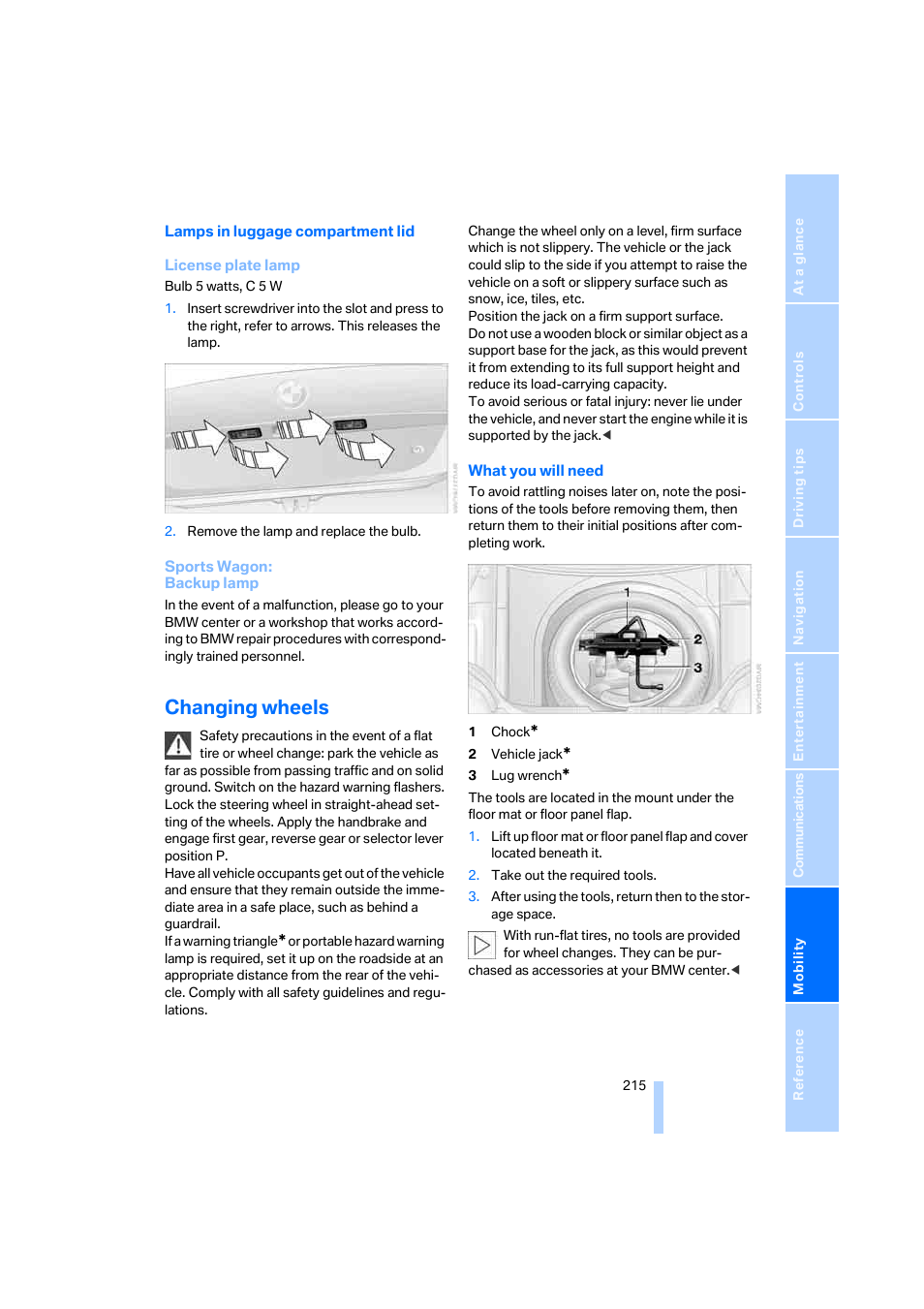 Changing wheels | BMW 525xi Sedan 2006 User Manual | Page 217 / 259