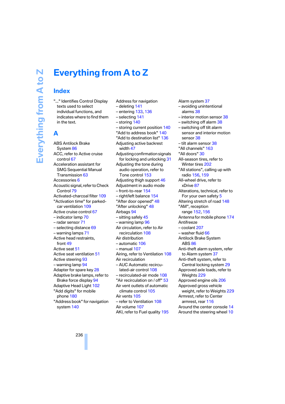 Everything from a to z, Index | BMW 525xi Sedan 2006 User Manual | Page 238 / 259