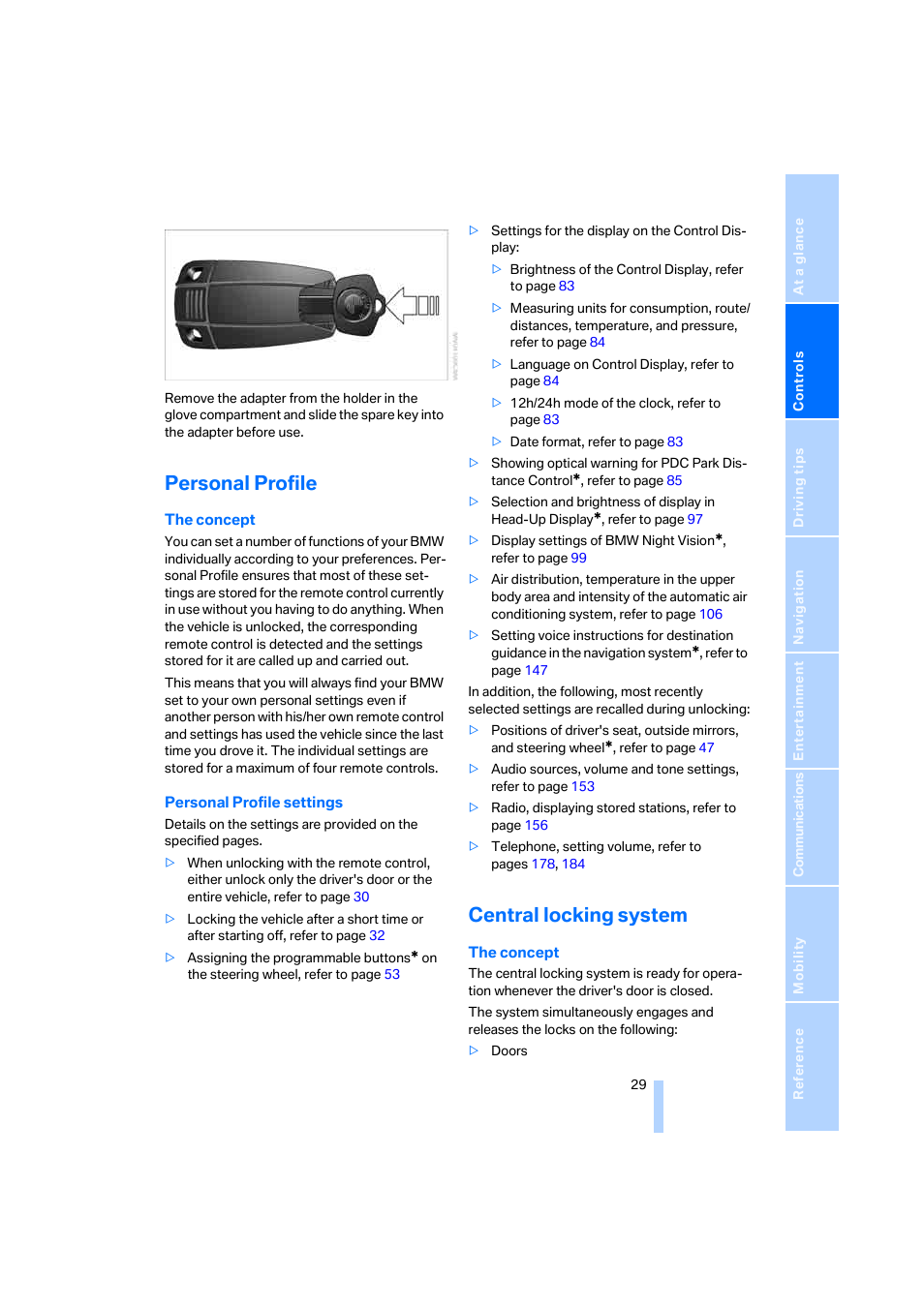 Personal profile, Central locking system | BMW 525xi Sedan 2006 User Manual | Page 31 / 259