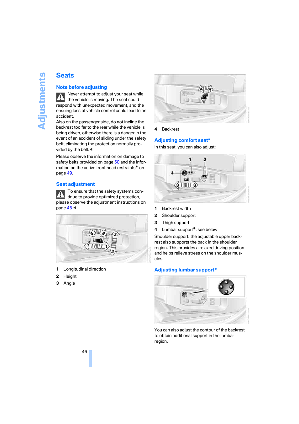 Seats, Adju stmen ts | BMW 525xi Sedan 2006 User Manual | Page 48 / 259