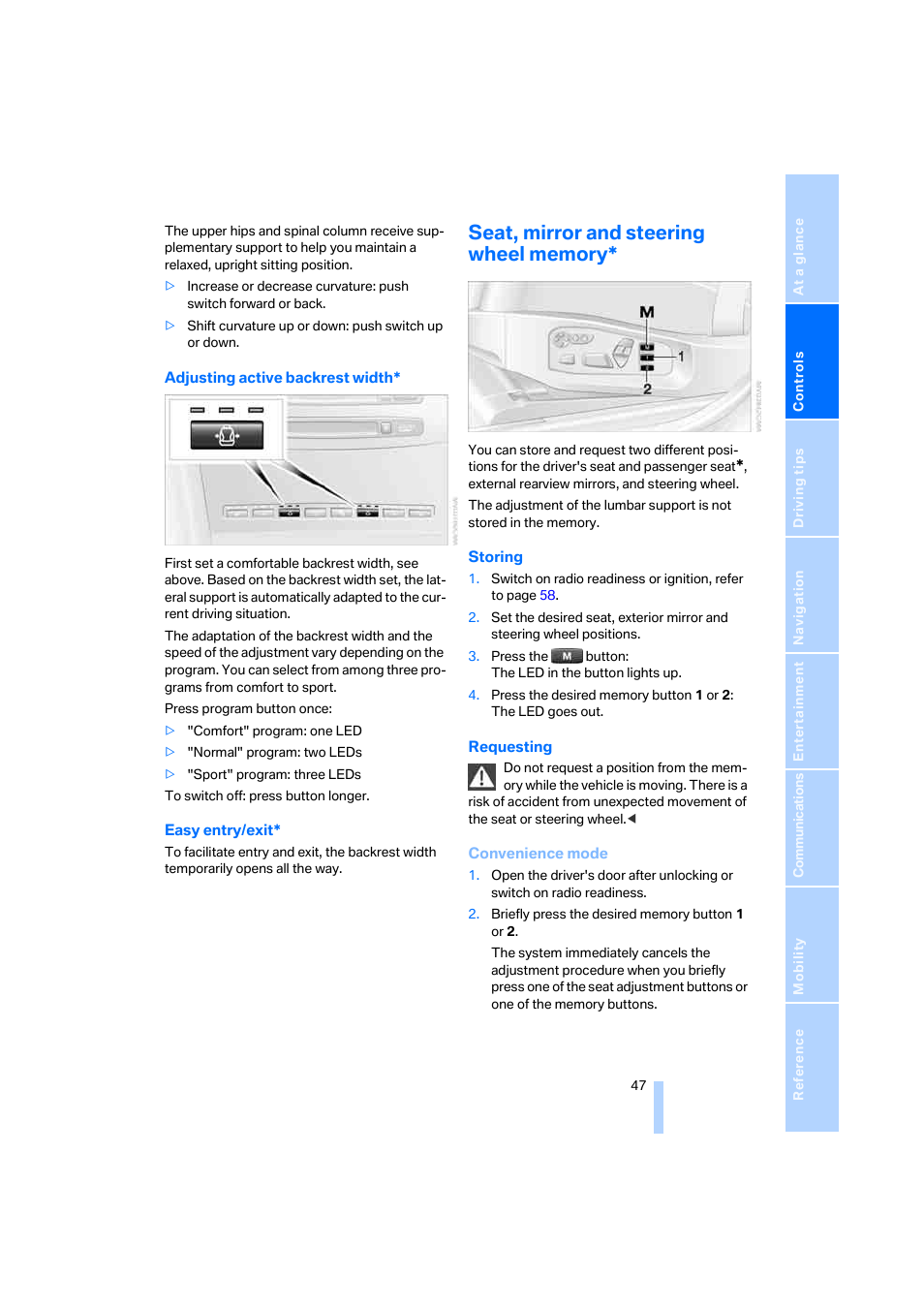 Seat, mirror and steering wheel memory | BMW 525xi Sedan 2006 User Manual | Page 49 / 259