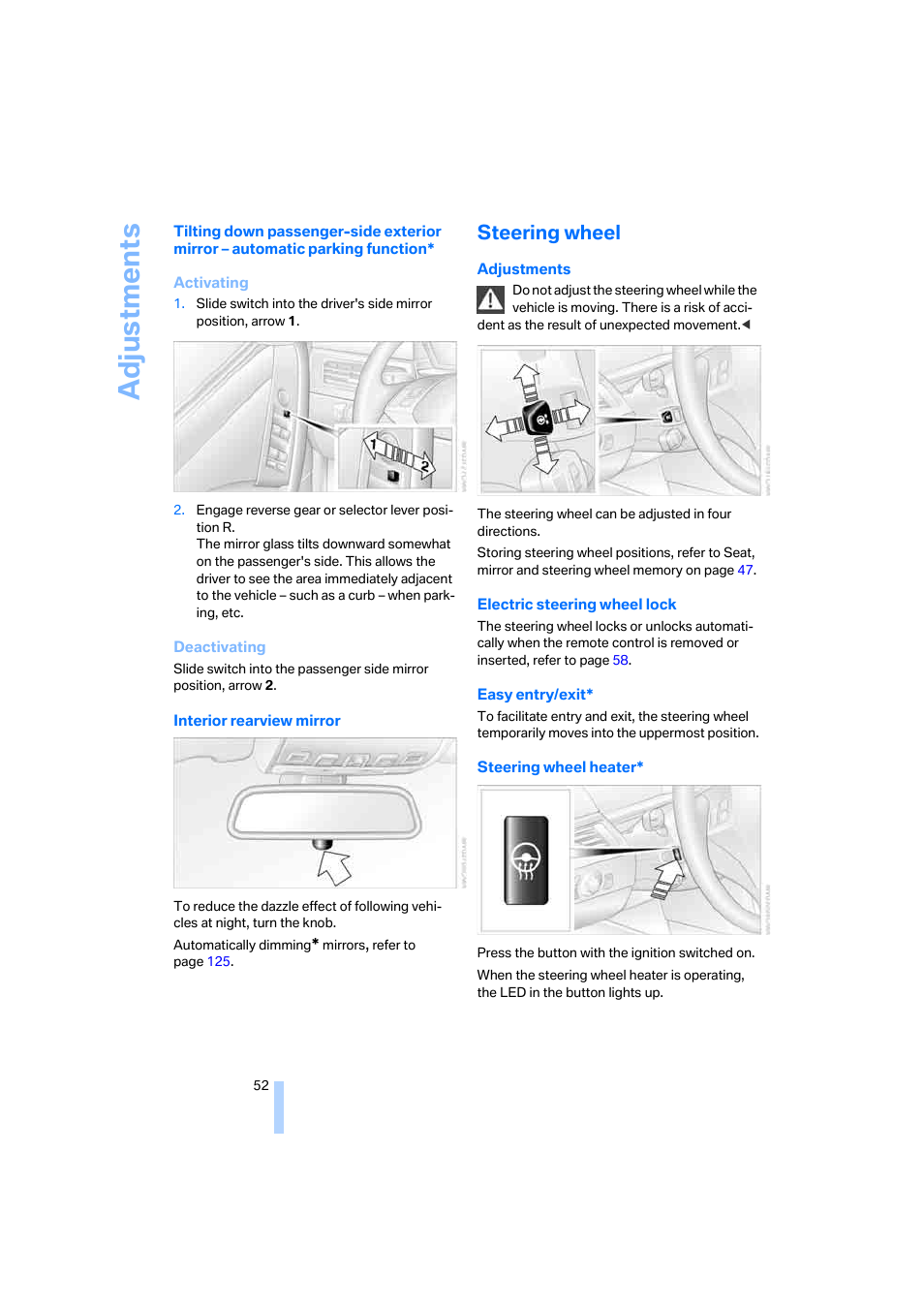 Steering wheel, Adju stmen ts | BMW 525xi Sedan 2006 User Manual | Page 54 / 259