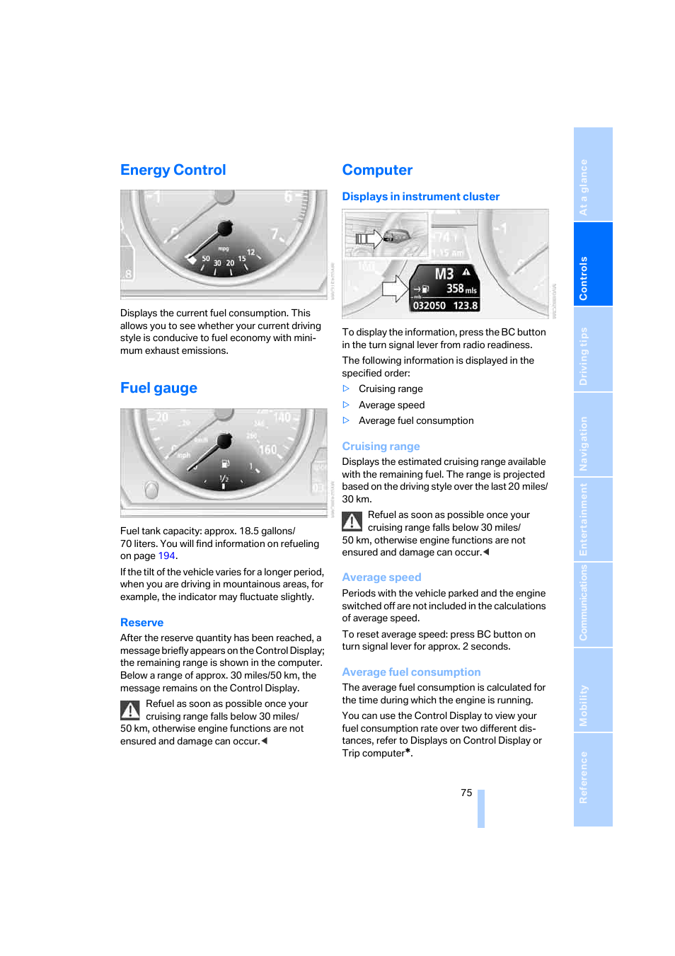 Energy control, Fuel gauge, Computer | BMW 525xi Sedan 2006 User Manual | Page 77 / 259