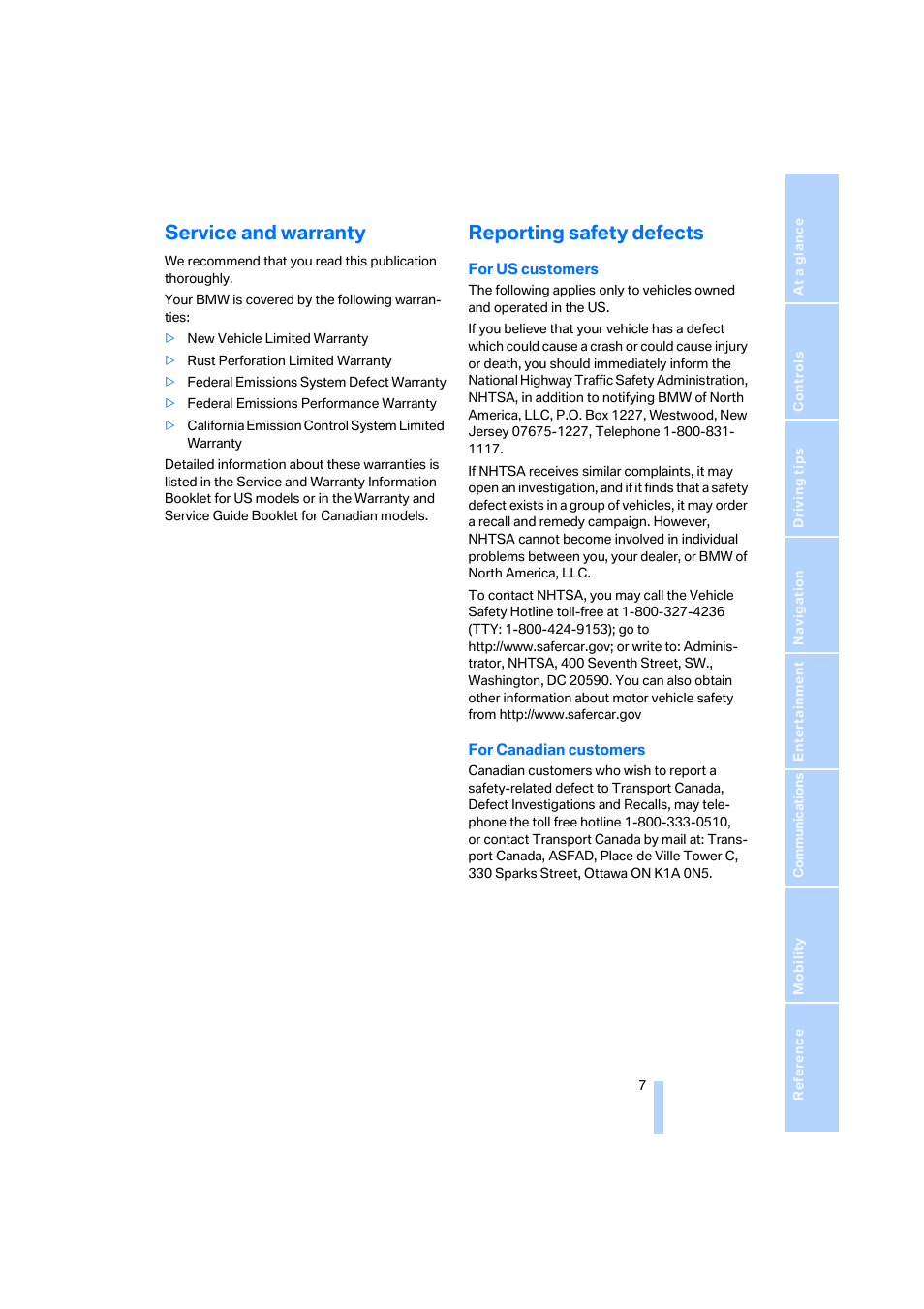 Service and warranty, Reporting safety defects | BMW 525xi Sedan 2006 User Manual | Page 9 / 259