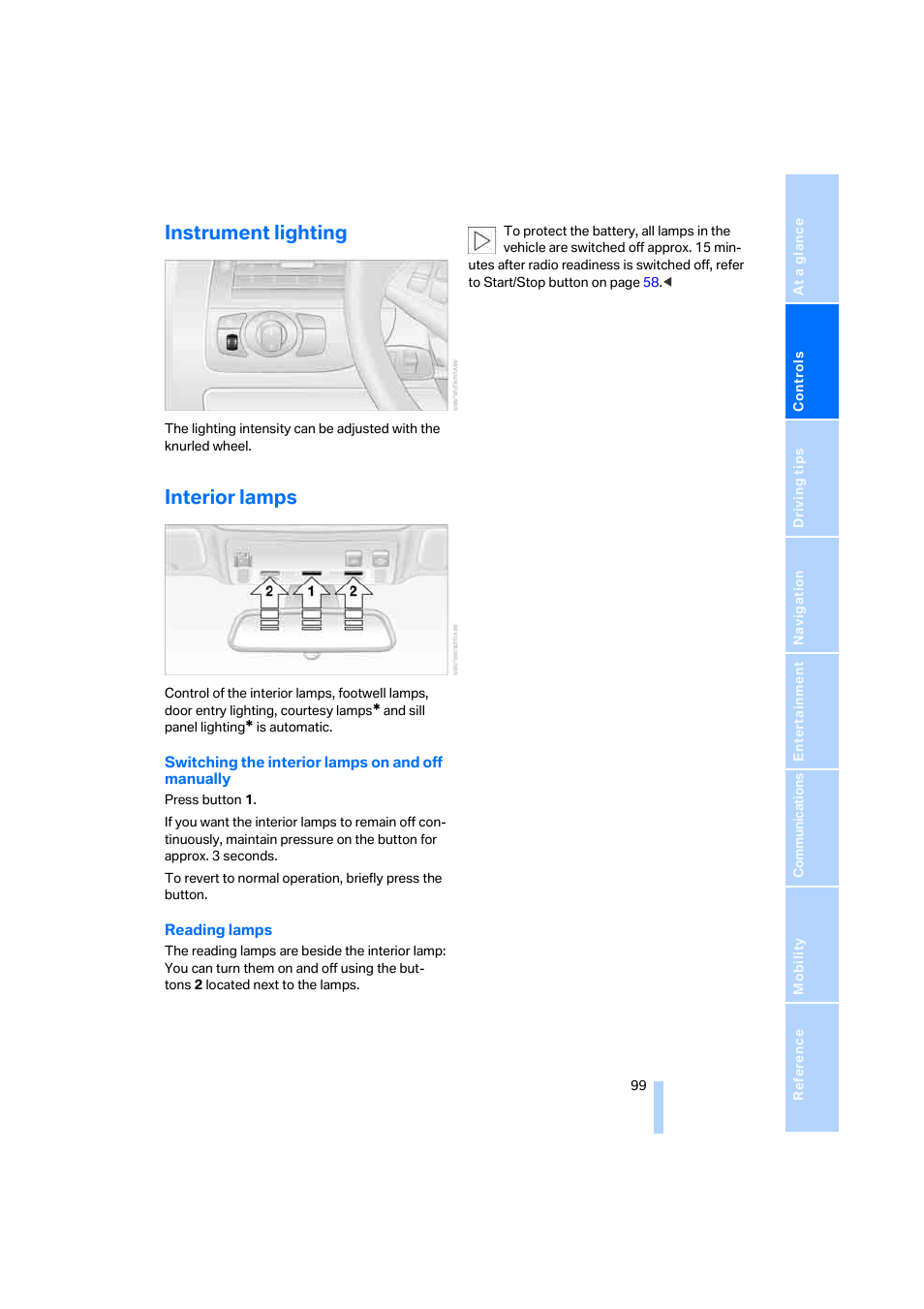 Instrument lighting, Interior lamps | BMW 650i Coupe 2006 User Manual | Page 100 / 236