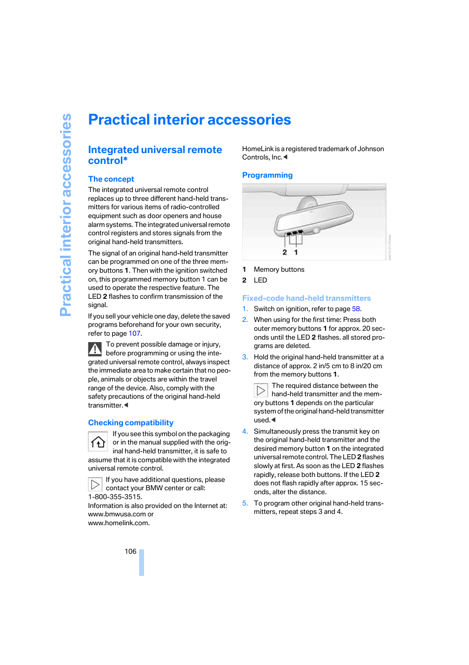 Practical interior accessories, Integrated universal remote control, Practical interi or acc ess orie s | BMW 650i Coupe 2006 User Manual | Page 107 / 236