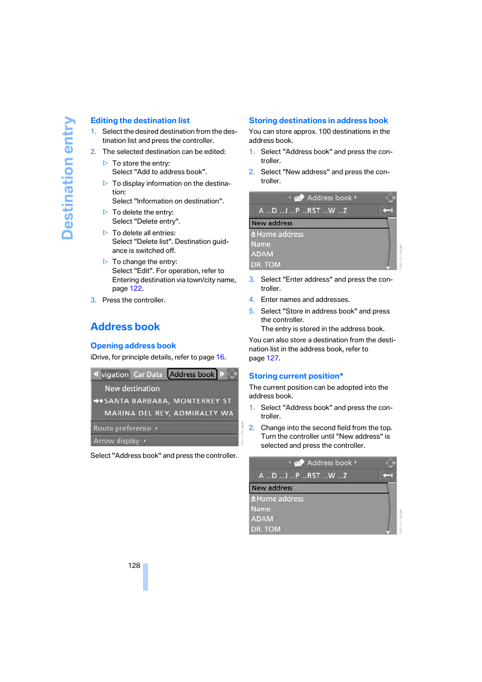 Address book, Destination entry | BMW 650i Coupe 2006 User Manual | Page 129 / 236