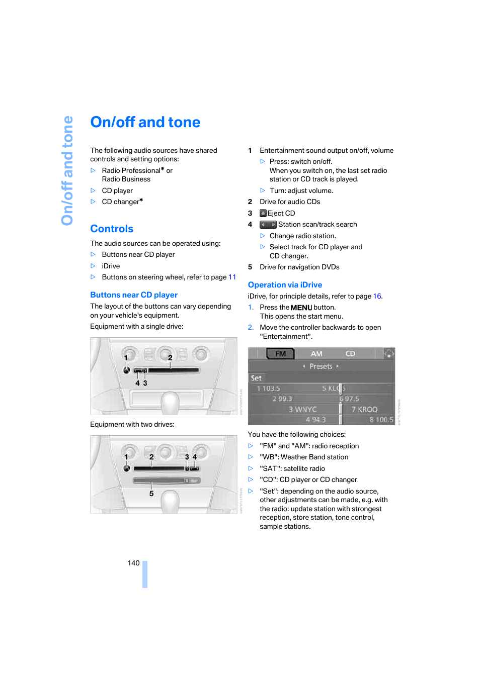 On/off and tone, Controls | BMW 650i Coupe 2006 User Manual | Page 141 / 236