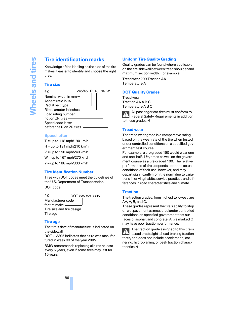 Tire identification marks, Wh eels and tire s | BMW 650i Coupe 2006 User Manual | Page 187 / 236