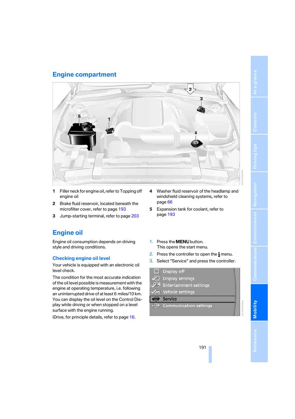 Engine compartment, Engine oil | BMW 650i Coupe 2006 User Manual | Page 192 / 236